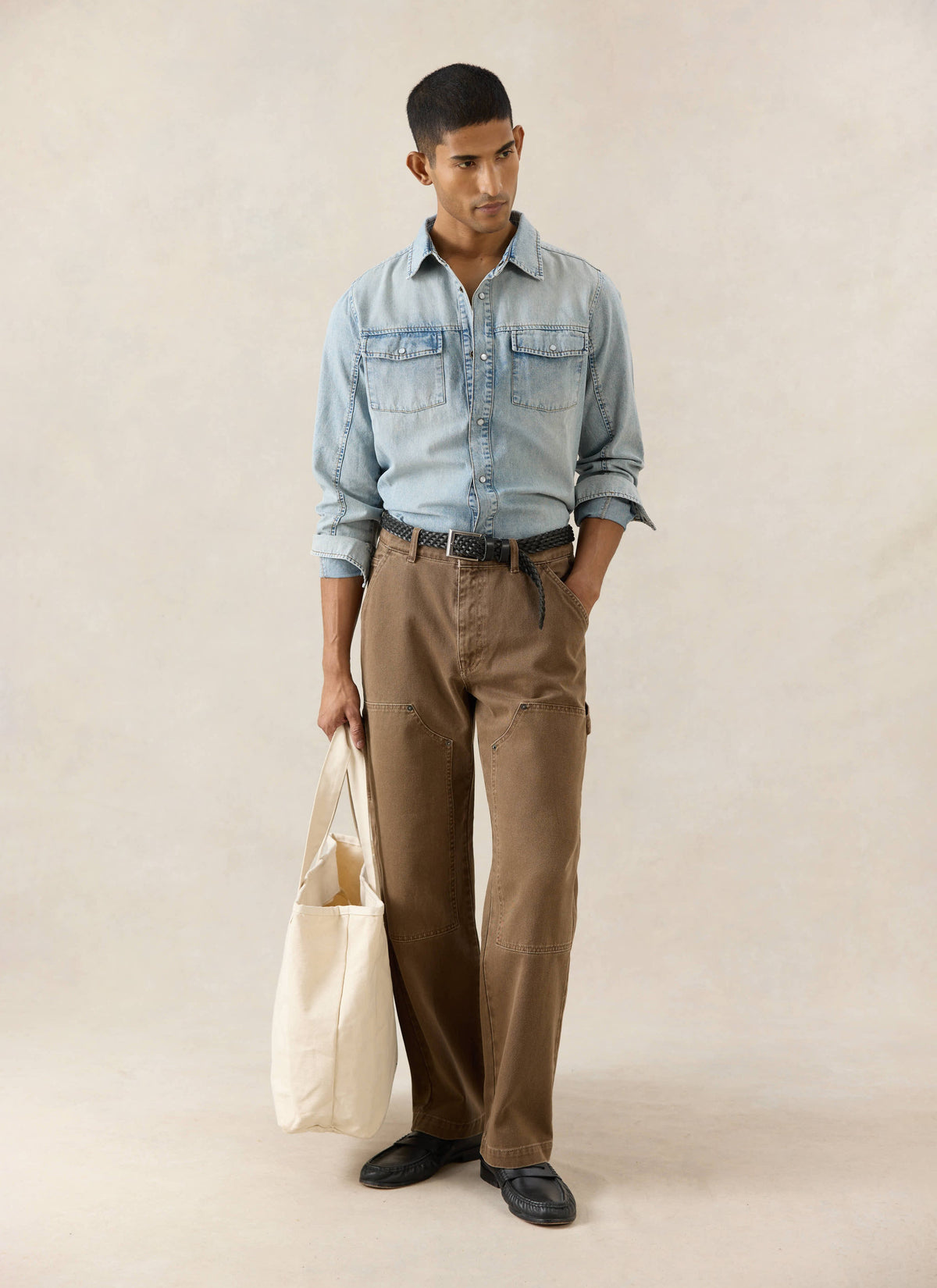Men's Denim Western Shirt - Cotton - Stone Wash