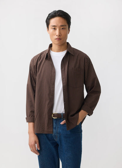Clancy Striped Long Sleeve Shirt - Cotton - Brown