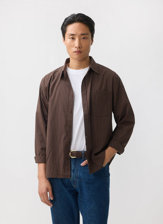 Clancy Striped Long Sleeve Shirt - Cotton - Brown