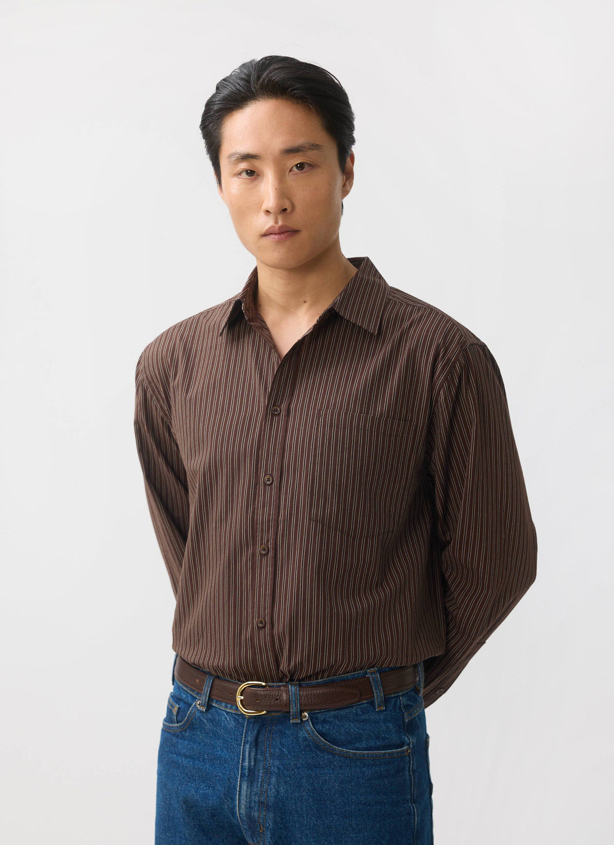 Clancy Striped Long Sleeve Shirt - Cotton - Brown