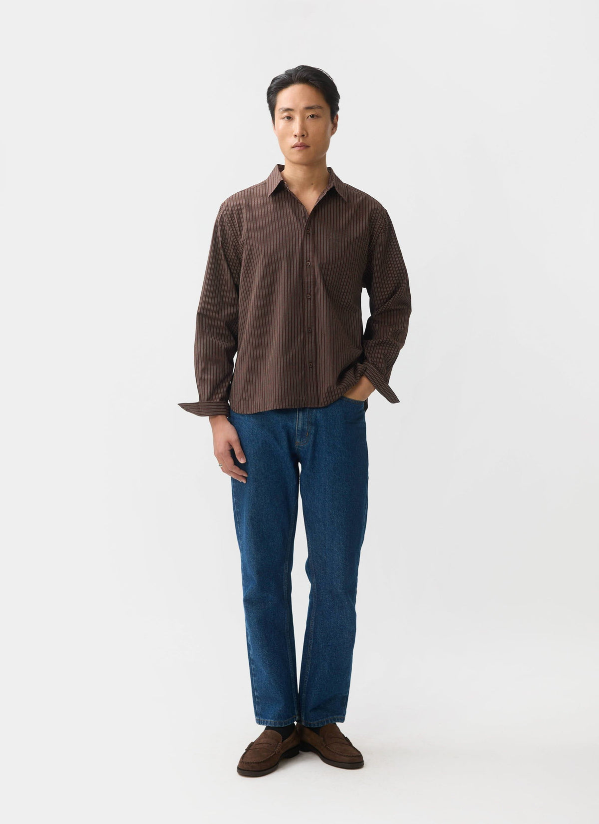 Clancy Striped Long Sleeve Shirt - Cotton - Brown