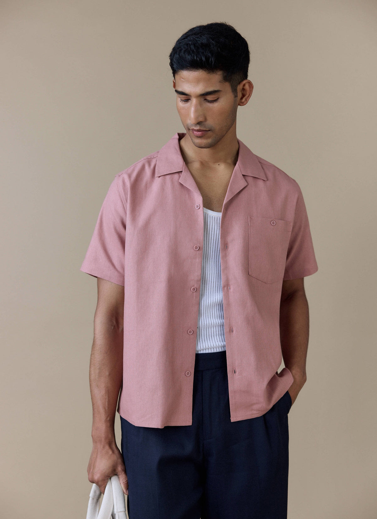 Men's Short Sleeve Cuban Shirt - Linen Blend - Dusty Pink