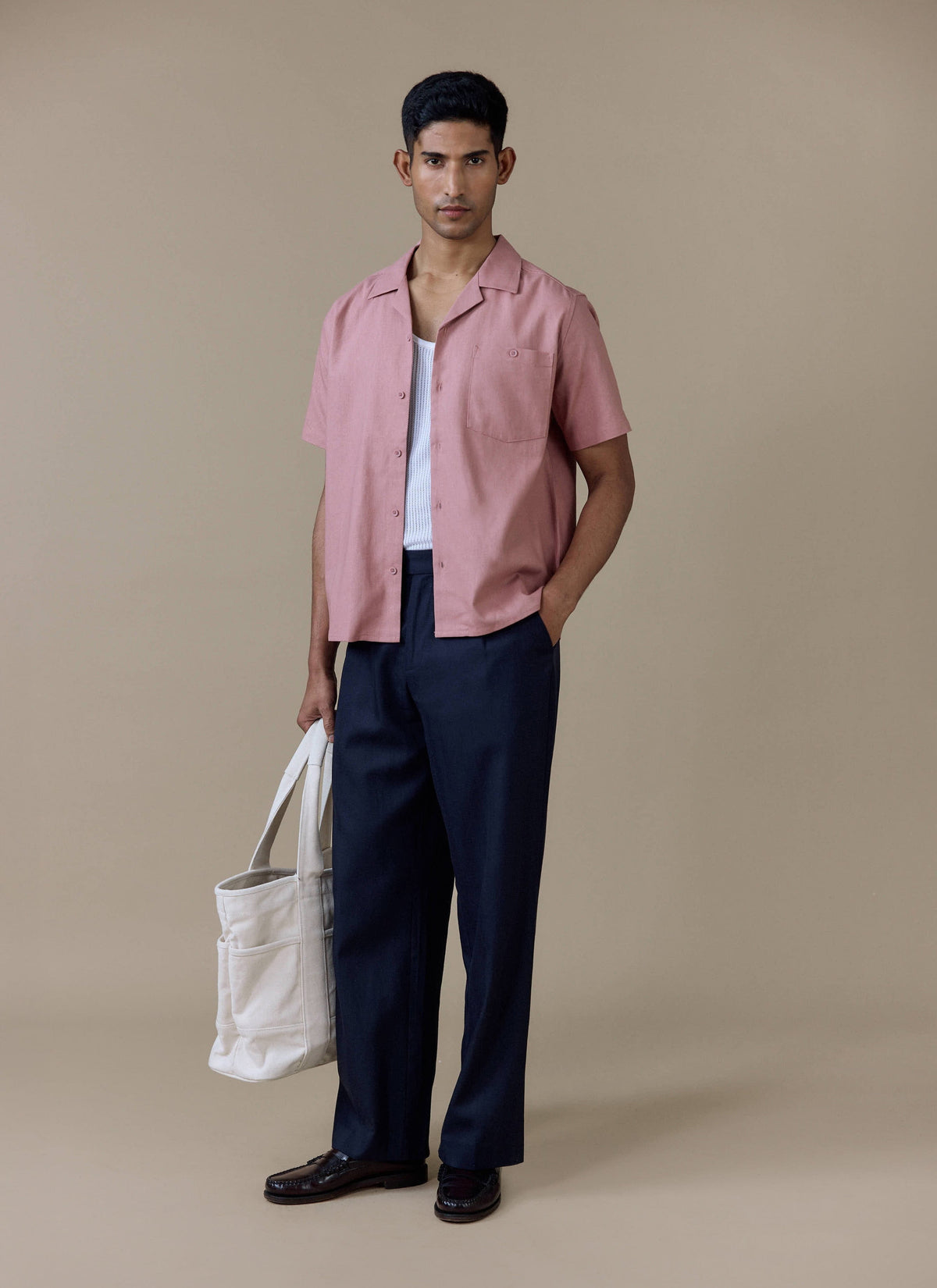 Men's Short Sleeve Cuban Shirt - Linen Blend - Dusty Pink