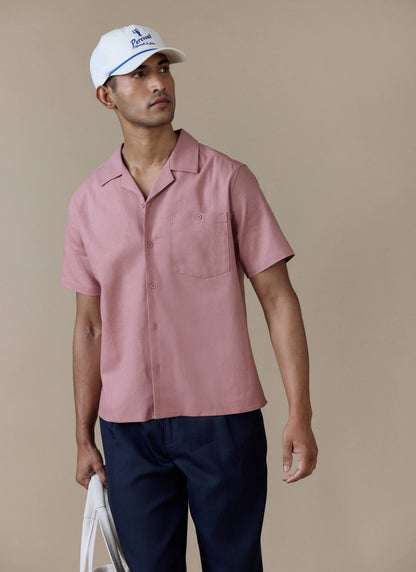 Men's Short Sleeve Cuban Shirt - Linen Blend - Dusty Pink