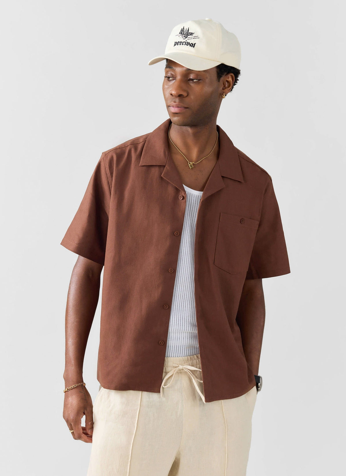 Men's Cuban Collar Shirt - Linen - Brown