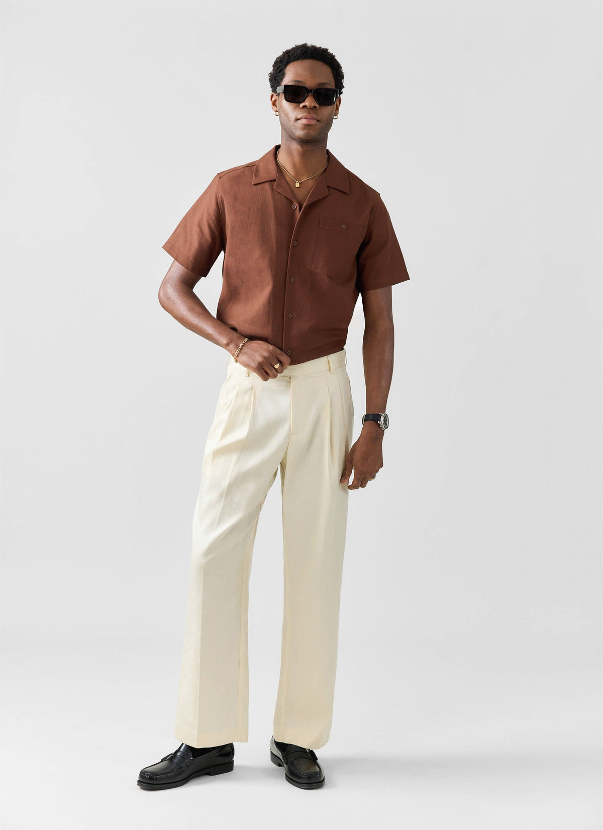 Men's Cuban Collar Shirt - Linen - Brown