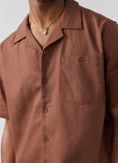 Men's Cuban Collar Shirt - Linen - Brown