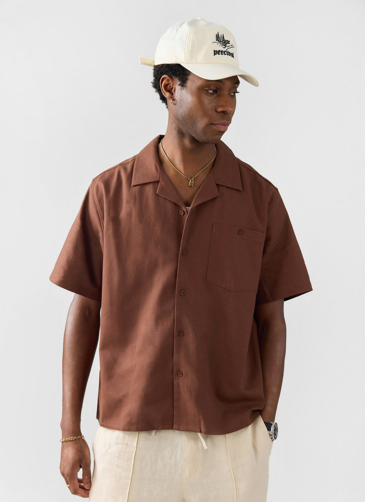 Men's Cuban Collar Shirt - Linen - Brown