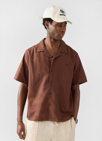 Men's Cuban Collar Shirt - Linen - Brown