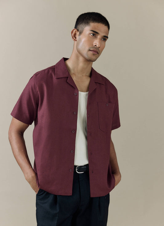 Men's Short Sleeve Cuban Shirt - Linen Blend - Merlot