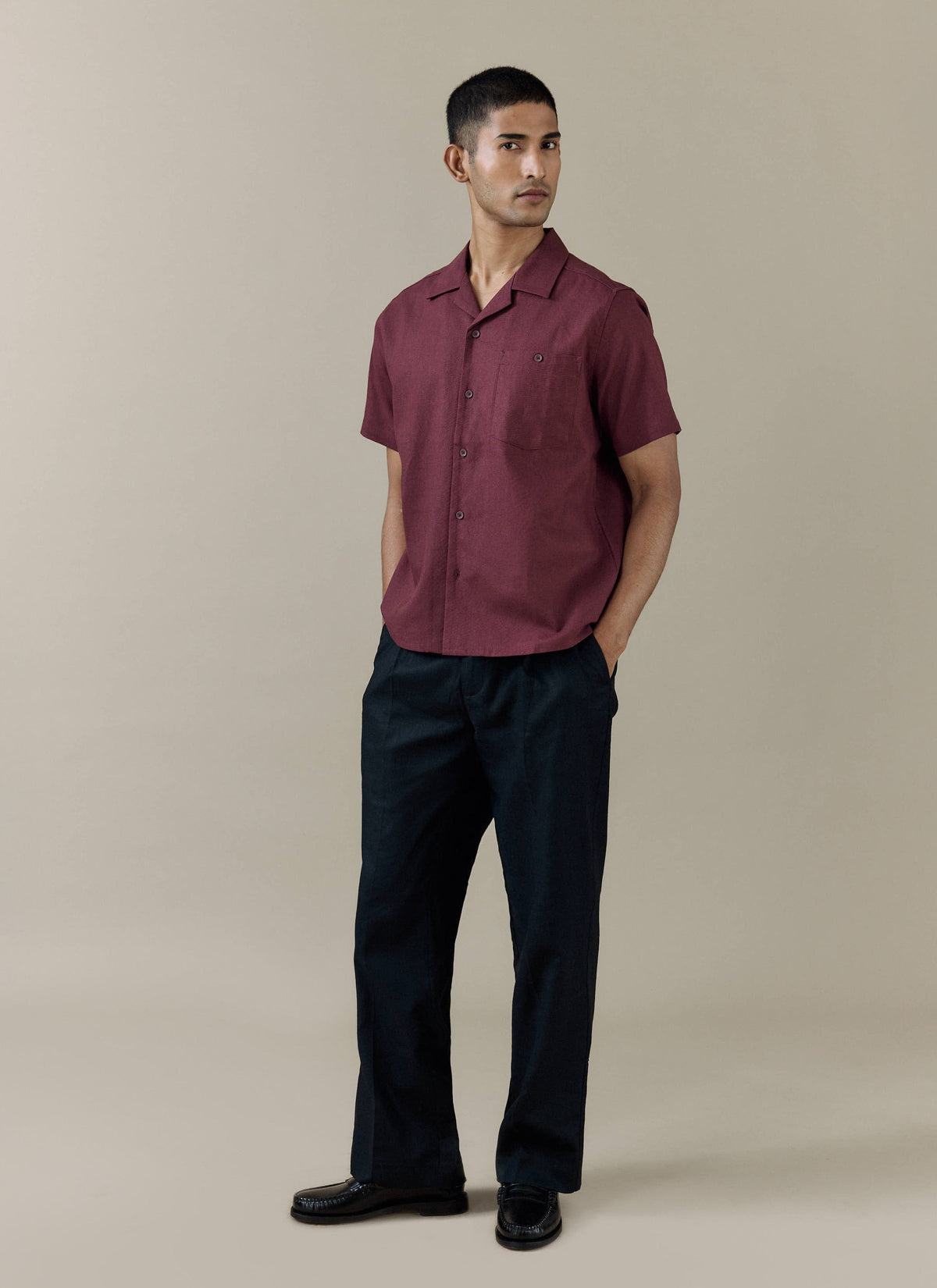 Men's Short Sleeve Cuban Shirt - Linen Blend - Merlot