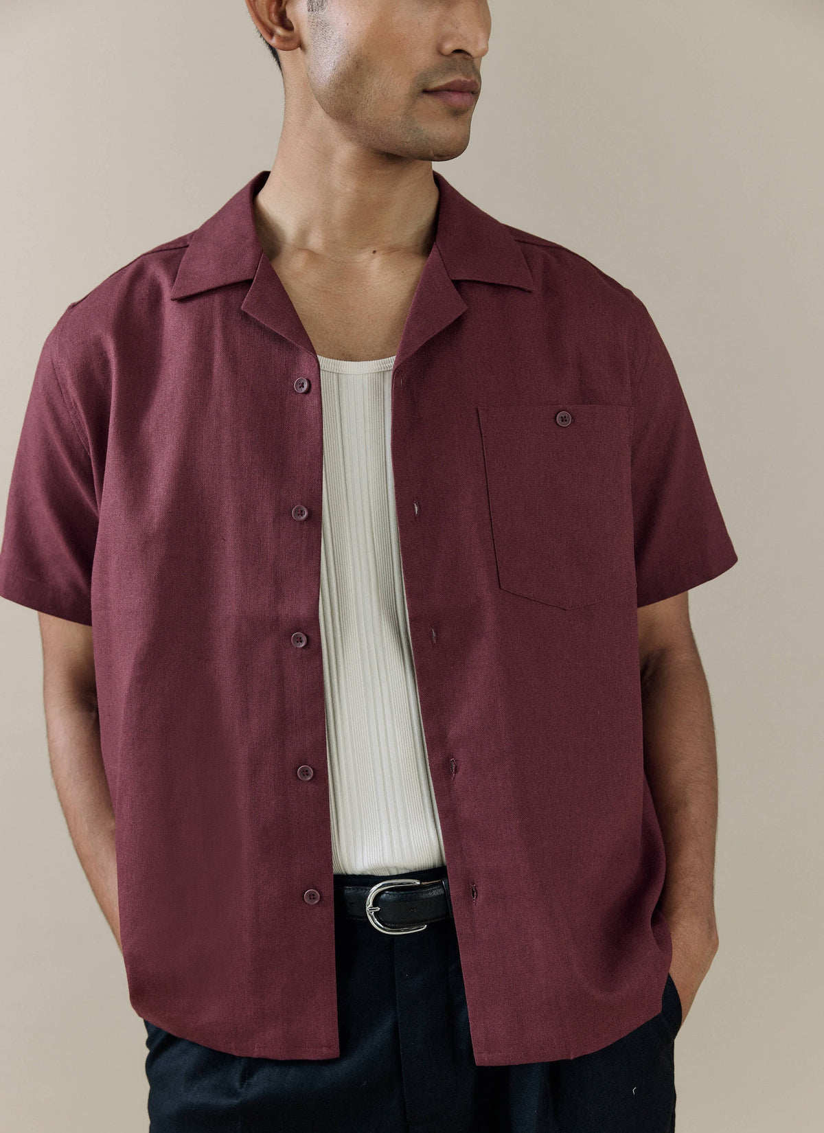 Men's Short Sleeve Cuban Shirt - Linen Blend - Merlot