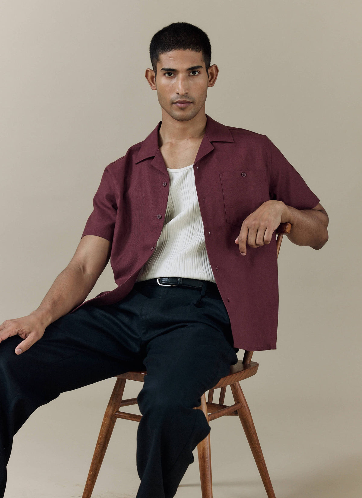 Men's Short Sleeve Cuban Shirt - Linen Blend - Merlot