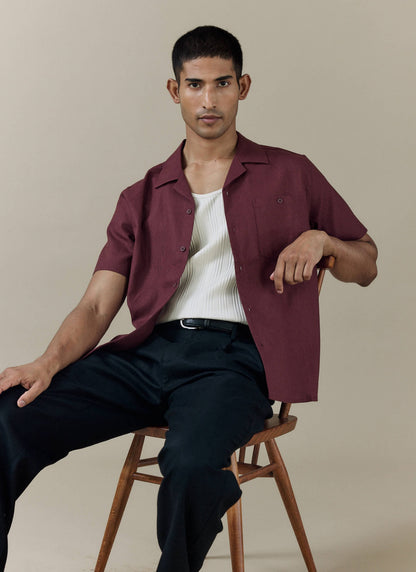 Men's Short Sleeve Cuban Shirt - Linen Blend - Merlot