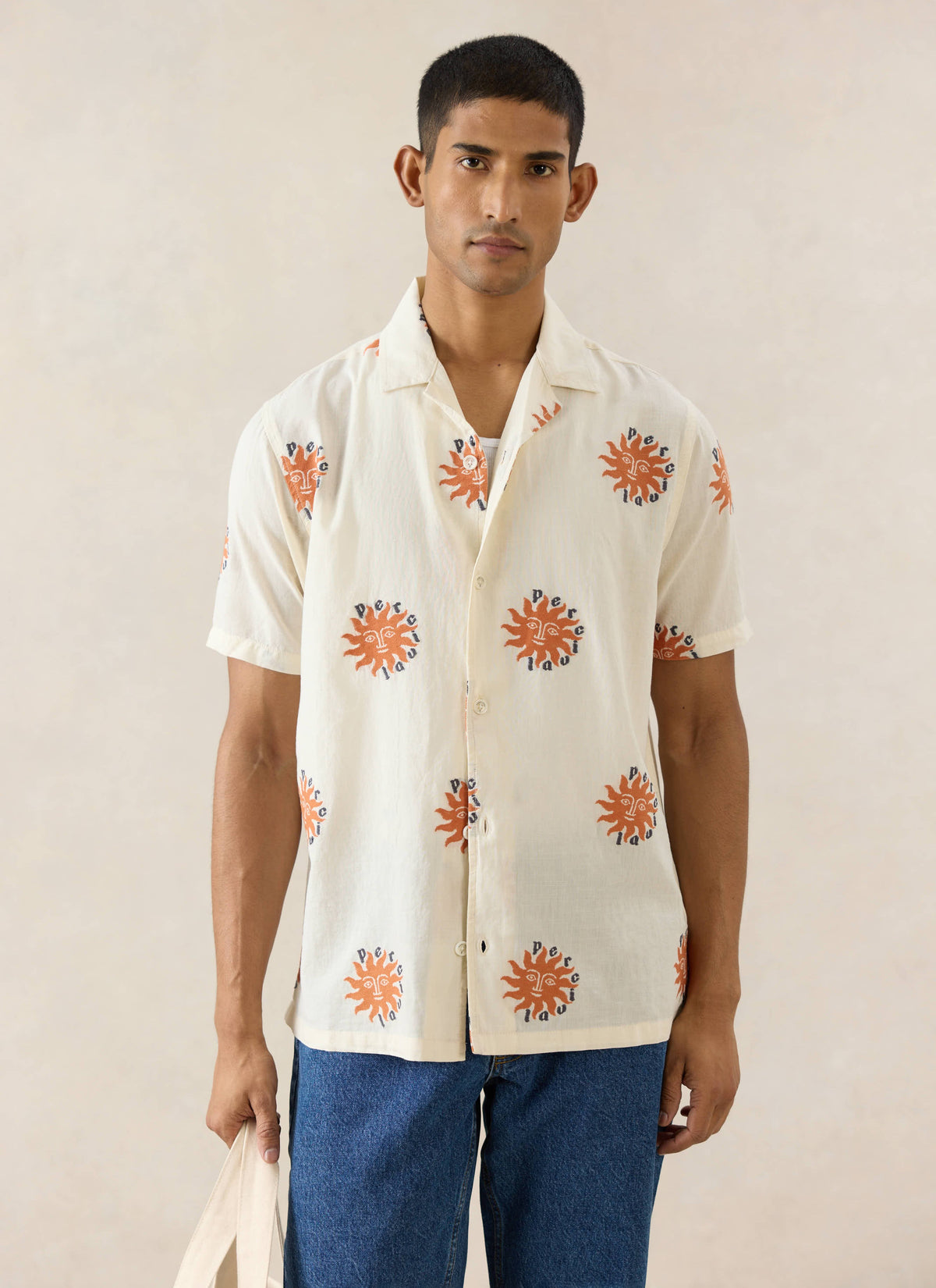 Men's Sun Cuban Shirt - Cream and Orange - 100% Cotton