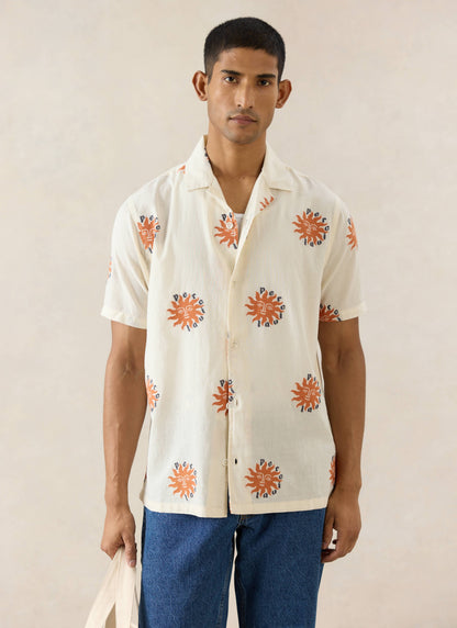 Men's Sun Cuban Shirt - Cream and Orange - 100% Cotton