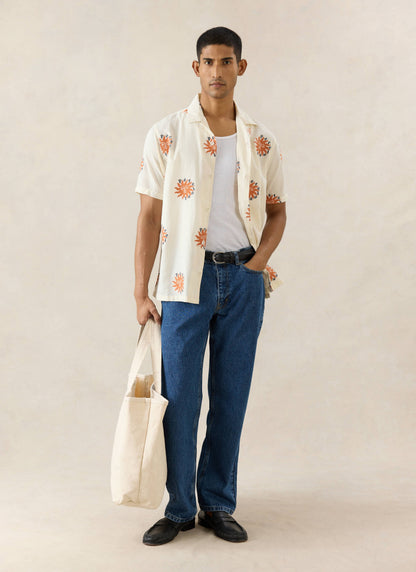 Men's Sun Cuban Shirt - Cream and Orange - 100% Cotton