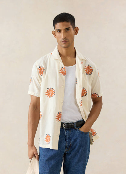 Men's Sun Cuban Shirt - Cream and Orange - 100% Cotton