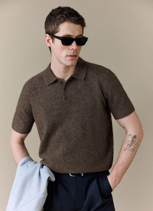 Men's Collins Knitted Polo Shirt - Brown - Yak & Wool