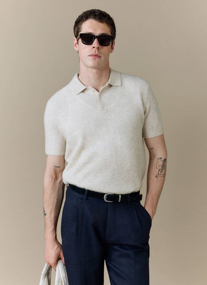 Men's Collins Knitted Polo Shirt - Cream - Yak & Wool