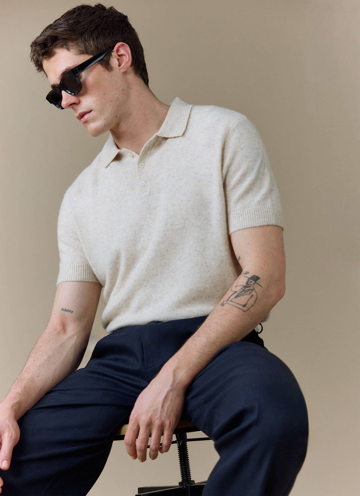 Men's Collins Knitted Polo Shirt - Cream - Yak & Wool