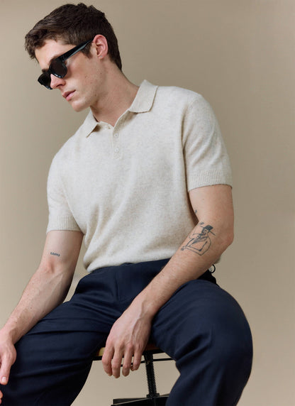 Men's Collins Knitted Polo Shirt - Cream - Yak & Wool