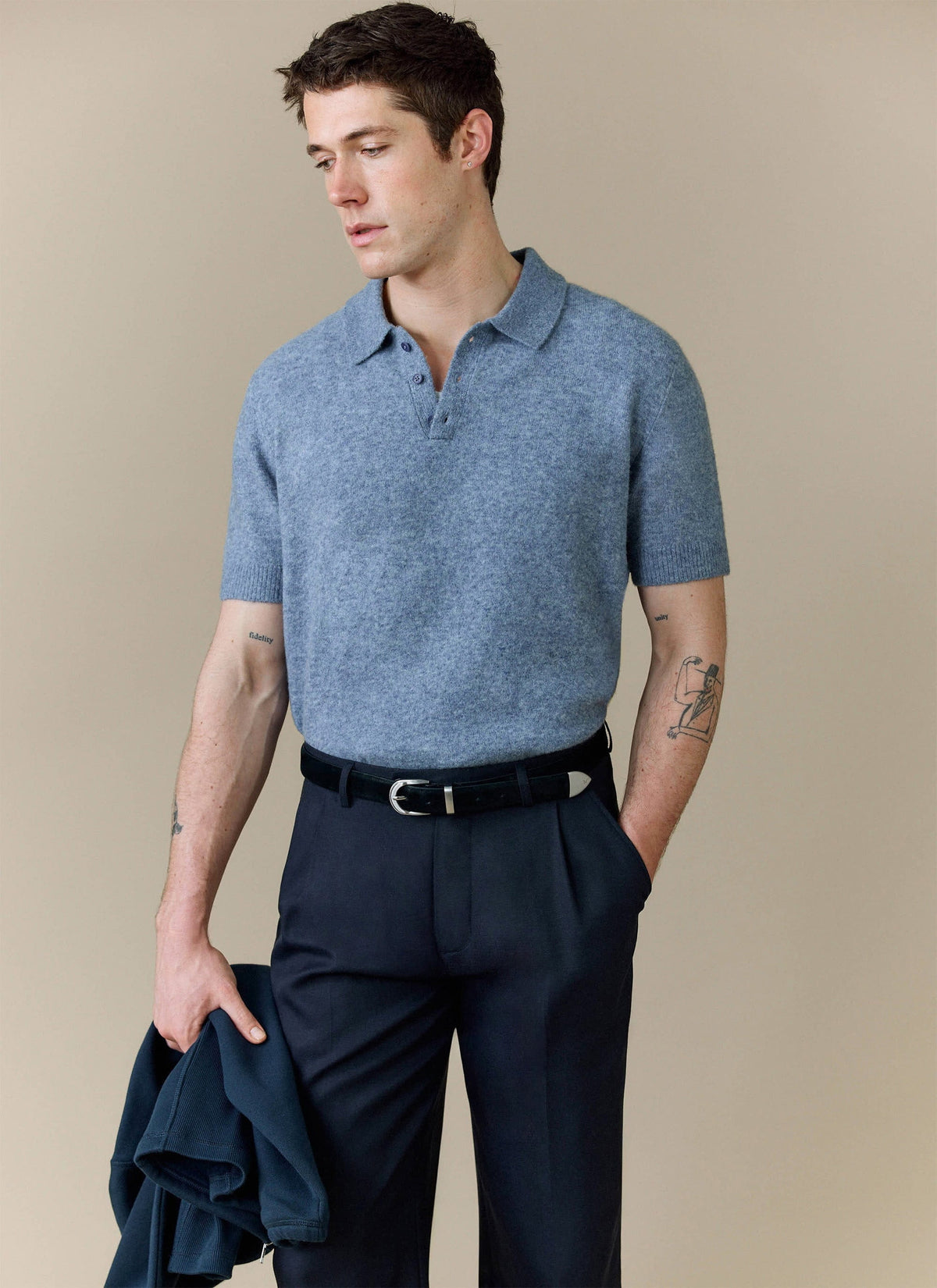 Men's Collins Knitted Polo Shirt - Blue - Yak & Wool