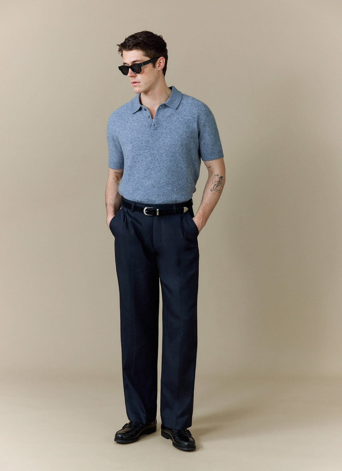 Men's Collins Knitted Polo Shirt - Blue - Yak & Wool