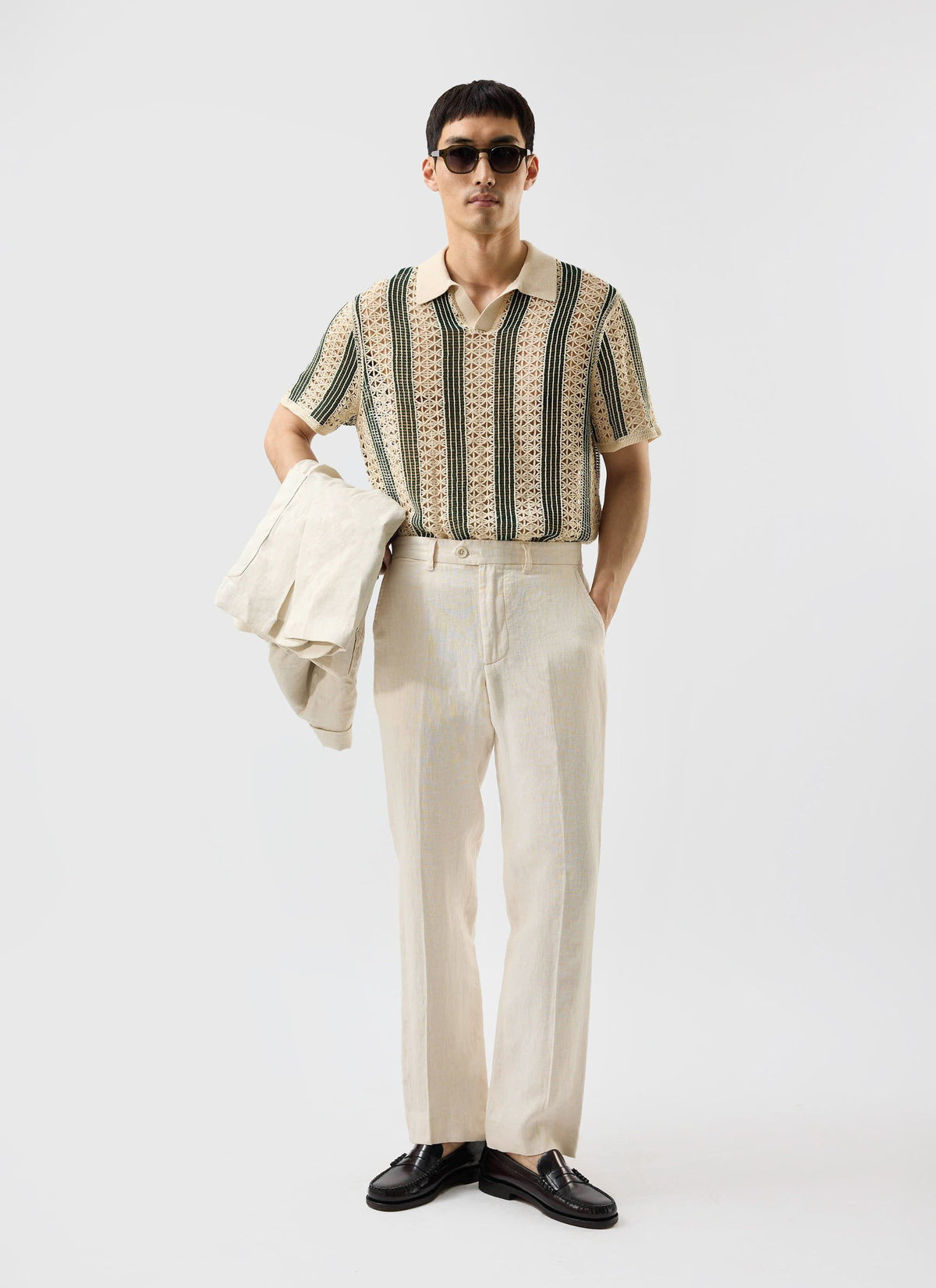 Men's Crochet Polo Shirt: Sarti - Ecru & Forest Green