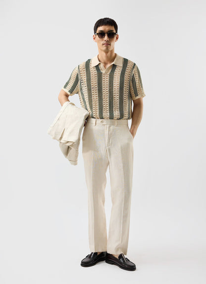 Men's Crochet Polo Shirt: Sarti - Ecru & Forest Green