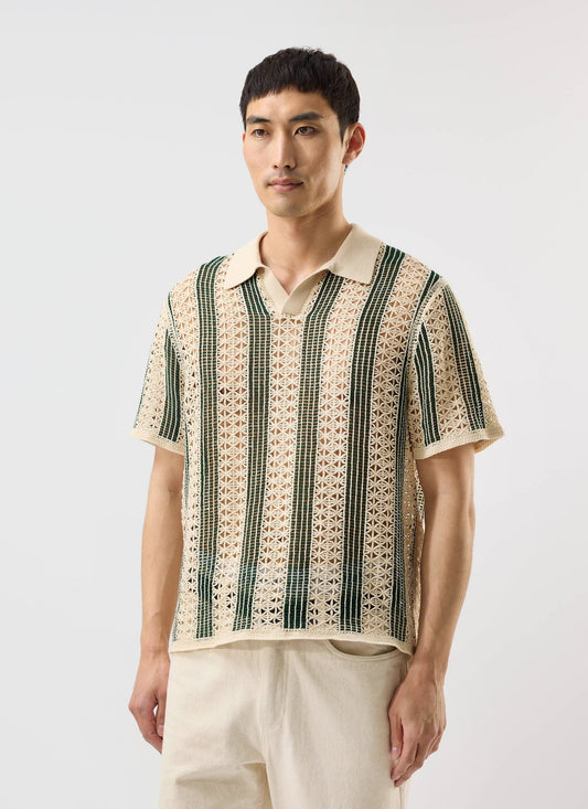 Men's Crochet Polo Shirt: Sarti - Ecru & Forest Green