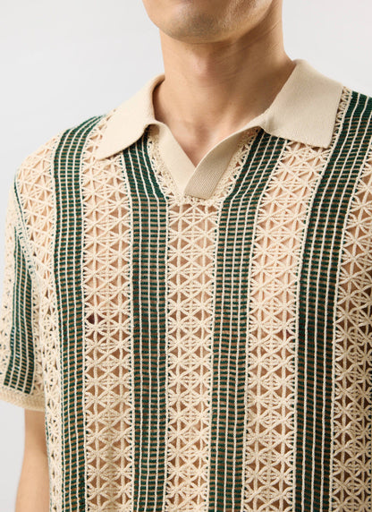Men's Crochet Polo Shirt: Sarti - Ecru & Forest Green