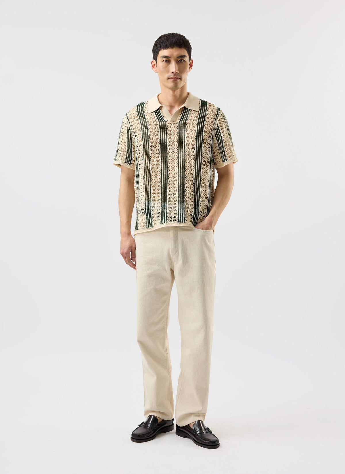 Men's Crochet Polo Shirt: Sarti - Ecru & Forest Green