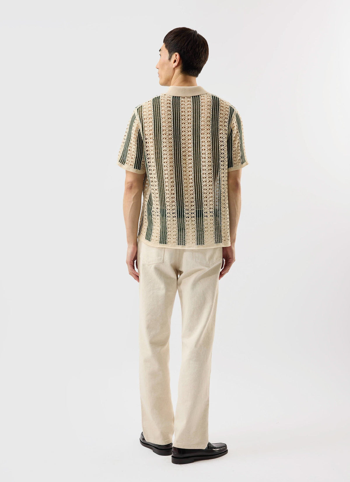 Men's Crochet Polo Shirt: Sarti - Ecru & Forest Green