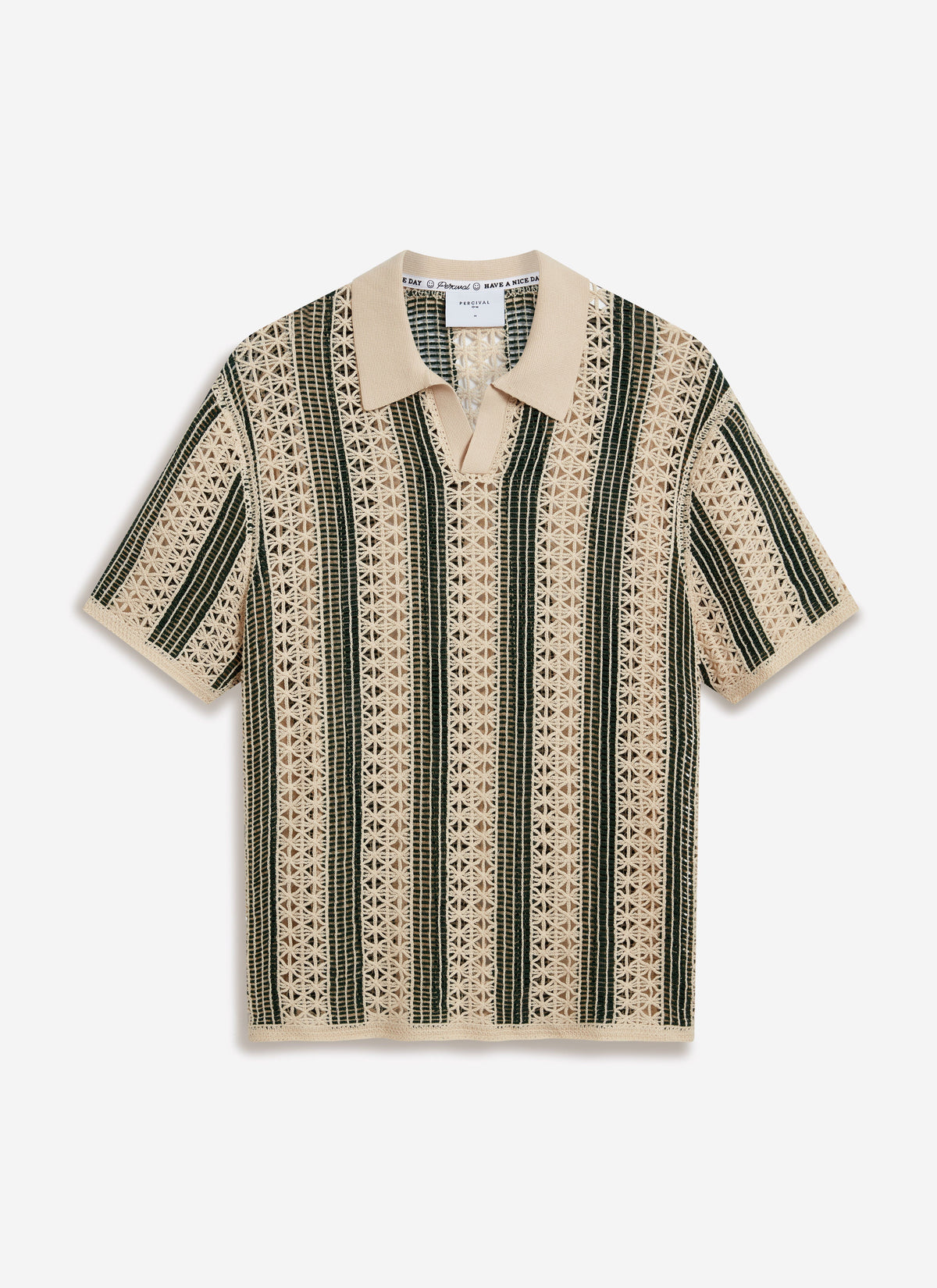 Men's Crochet Polo Shirt: Sarti - Ecru & Forest Green