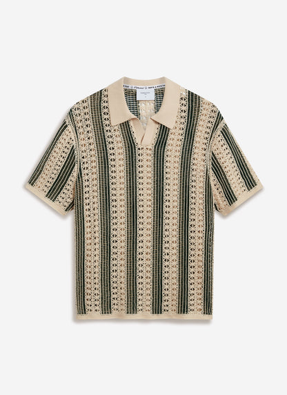 Men's Crochet Polo Shirt: Sarti - Ecru & Forest Green