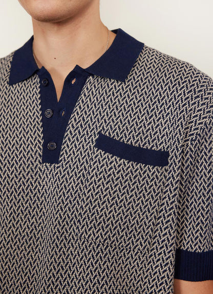 Men's Knitted Polo Shirt - Casa Martini - Navy Blue