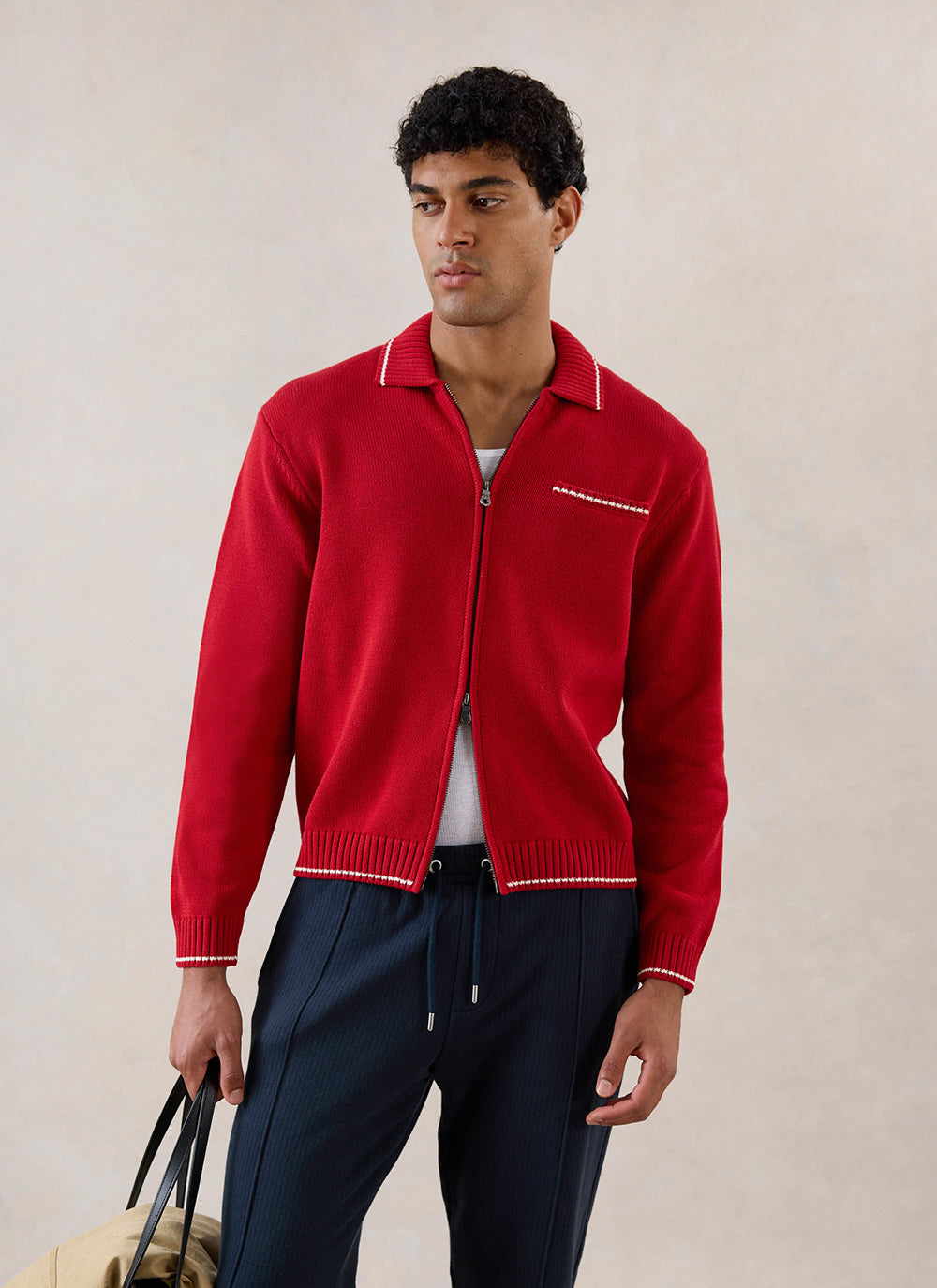Men's Gardner Dense Knit Zip Cardigan - Red - Percival
