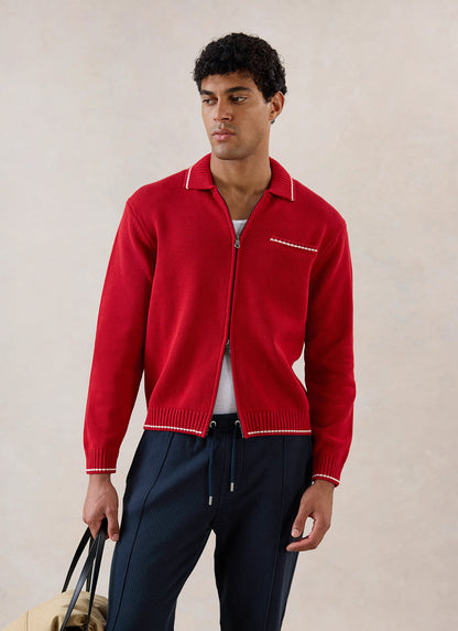 Men's Gardner Dense Knit Zip Cardigan - Red - Percival