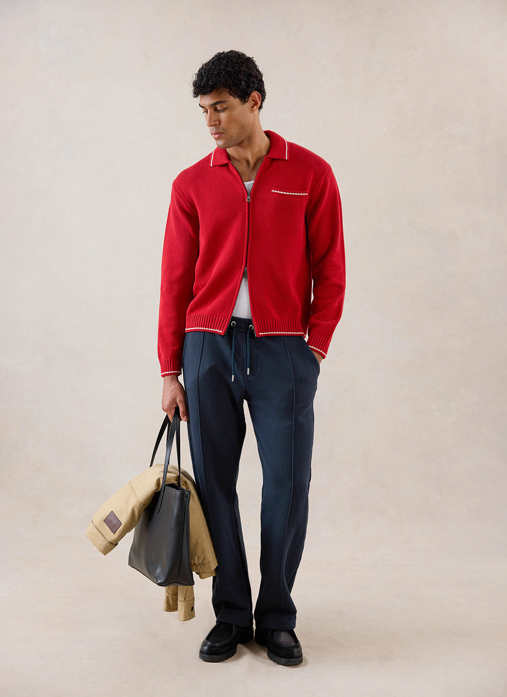 Men's Gardner Dense Knit Zip Cardigan - Red - Percival
