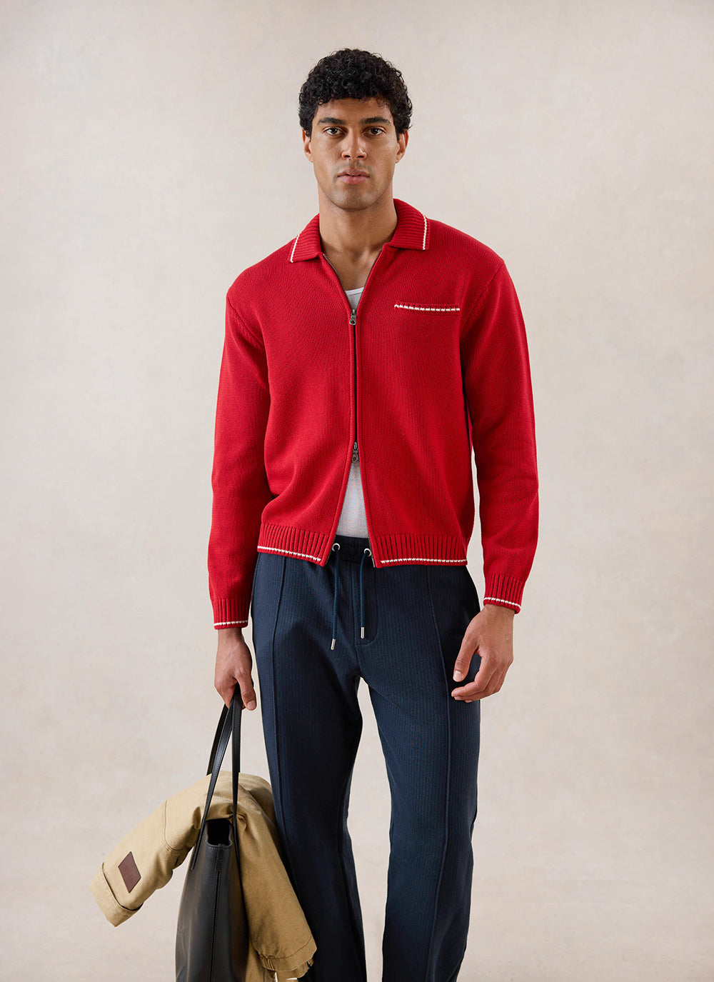 Men's Gardner Dense Knit Zip Cardigan - Red - Percival