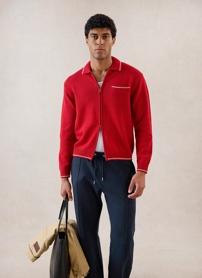 Men's Gardner Dense Knit Zip Cardigan - Red - Percival