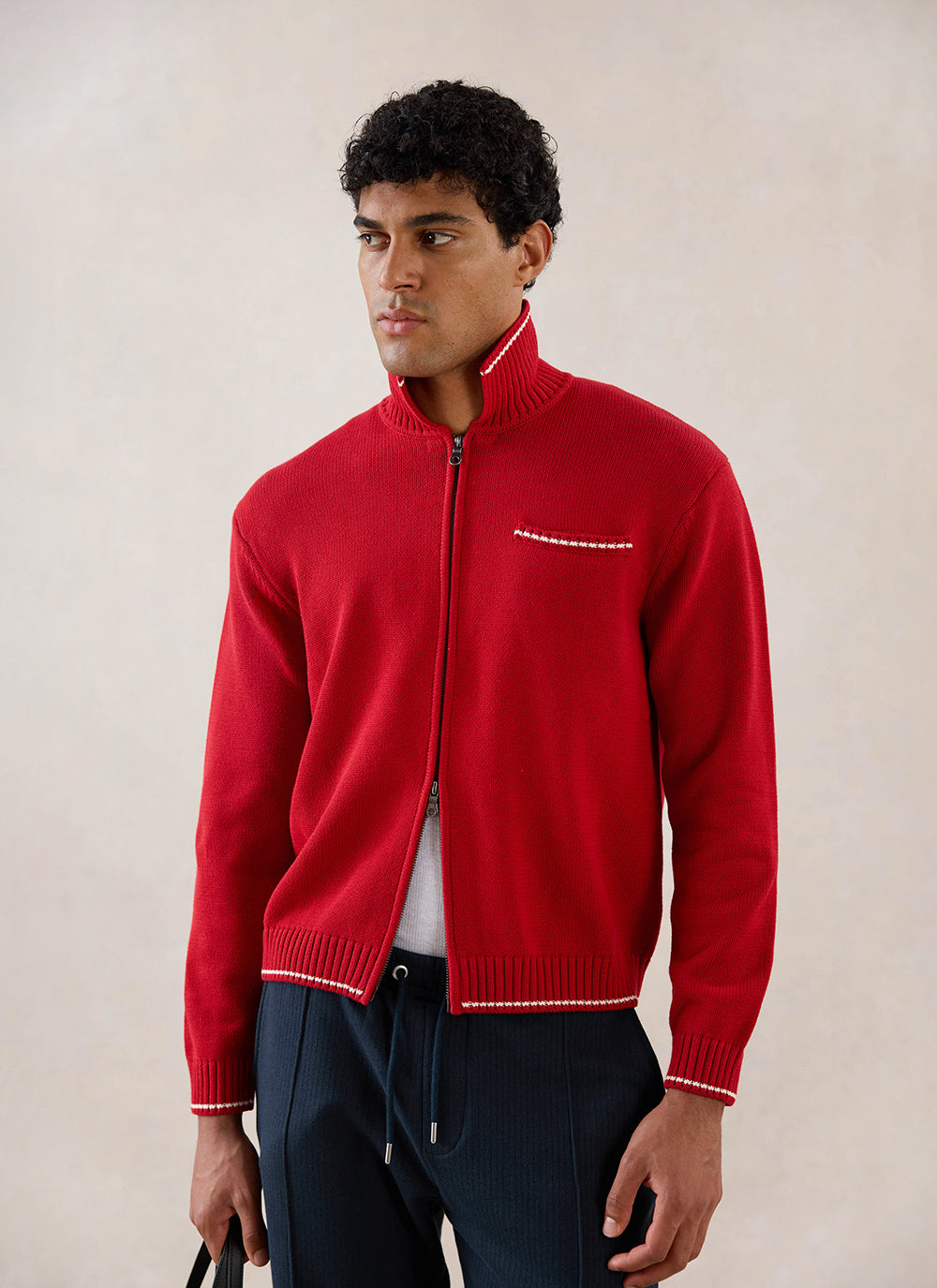 Men's Gardner Dense Knit Zip Cardigan - Red - Percival