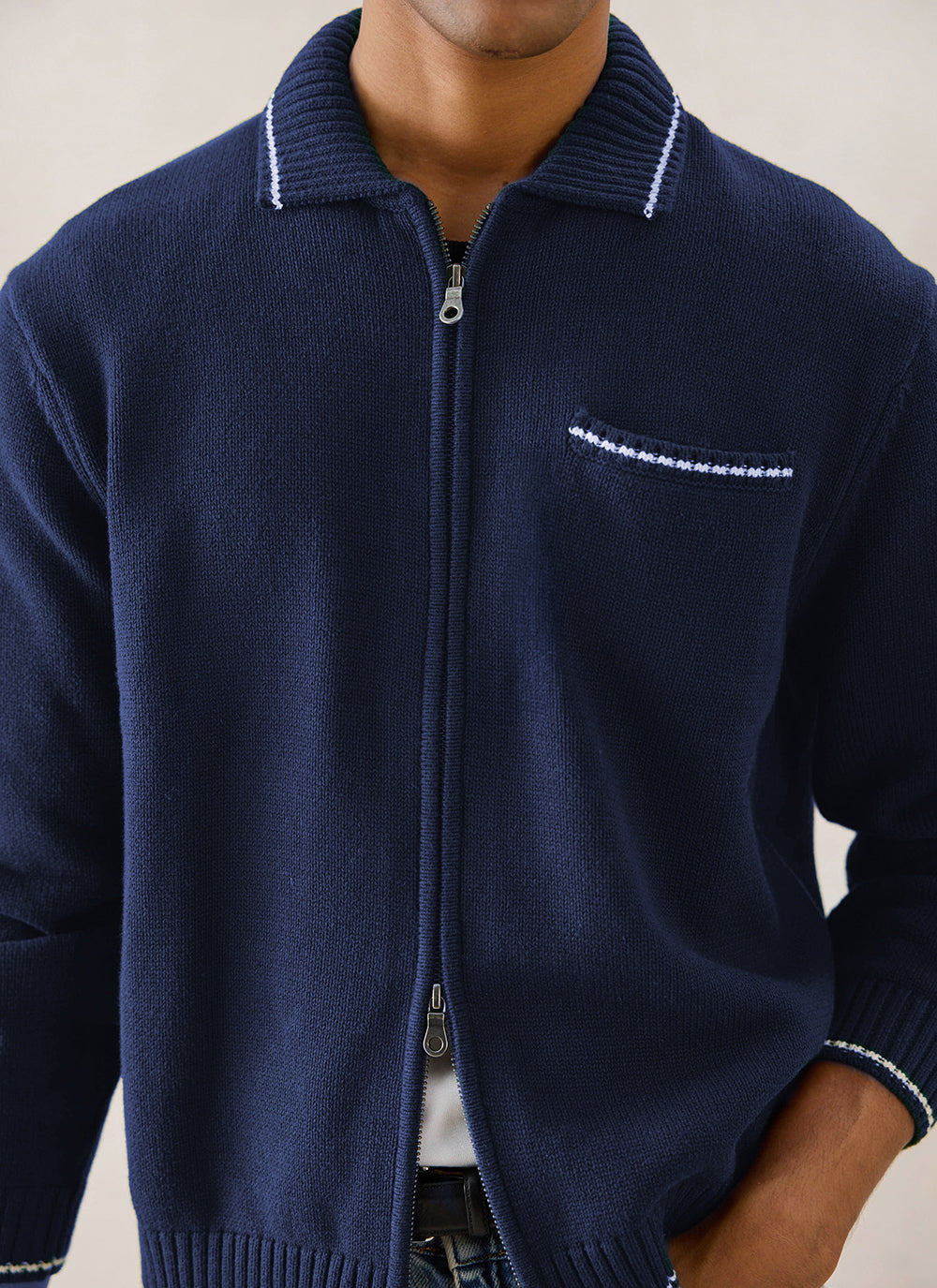Gardner Cotton Zip Cardigan - Navy Blue - Percival