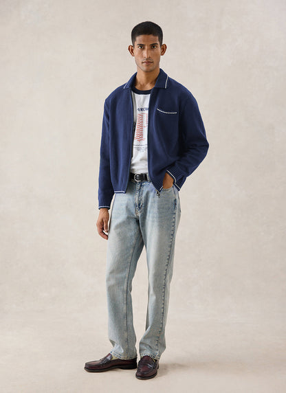 Gardner Cotton Zip Cardigan - Navy Blue - Percival