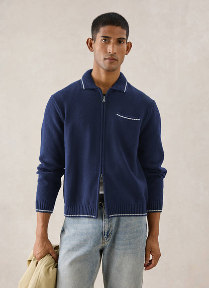 Gardner Cotton Zip Cardigan - Navy Blue - Percival