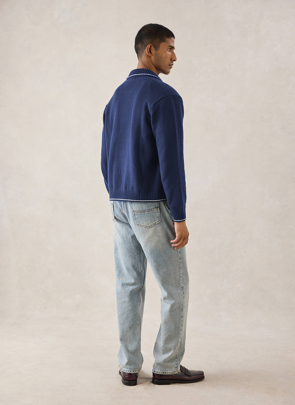 Gardner Cotton Zip Cardigan - Navy Blue - Percival