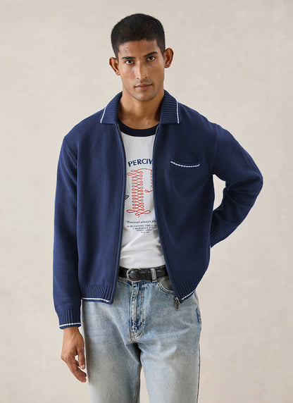 Gardner Cotton Zip Cardigan - Navy Blue - Percival