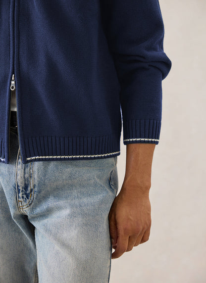 Gardner Cotton Zip Cardigan - Navy Blue - Percival