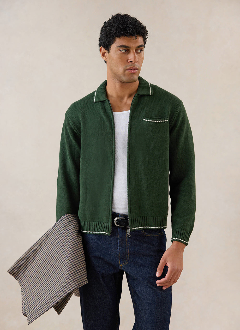 Gardner Dense Knit Zip Cardigan - Cotton - Forest Green - Percival